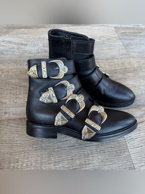 Maje Ankle Blackjack Silver Buckle Black Leather Boots Women’s Size 37 US 7